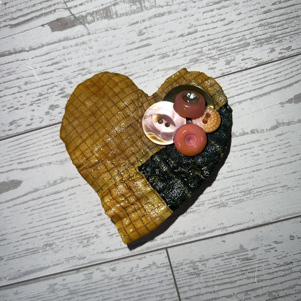 Heart Shaped Pin/Brooch Yellow And Black Patchwork Buttons Whimsical Cottagecore